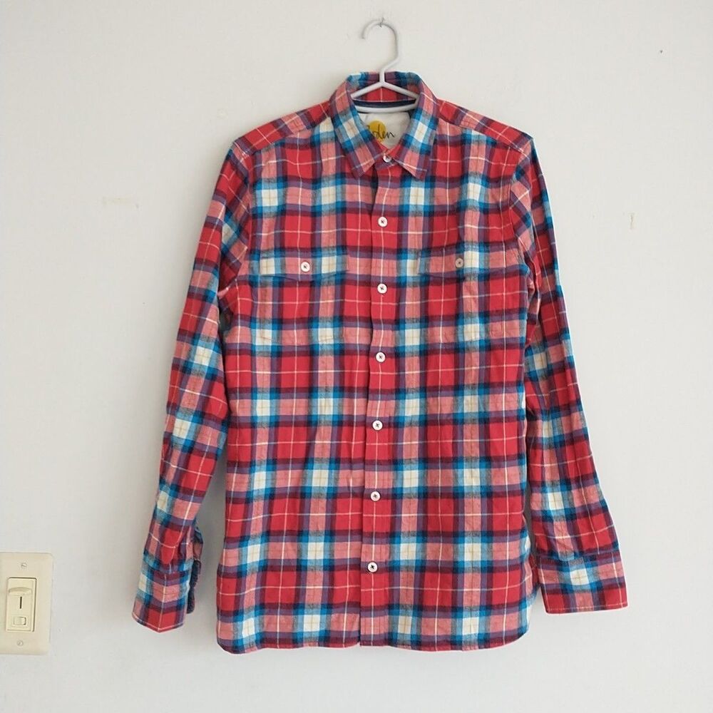 Boden Flannel Shirt Boys 164cm 13-14Y Red Blue Plaid Cotton Casual